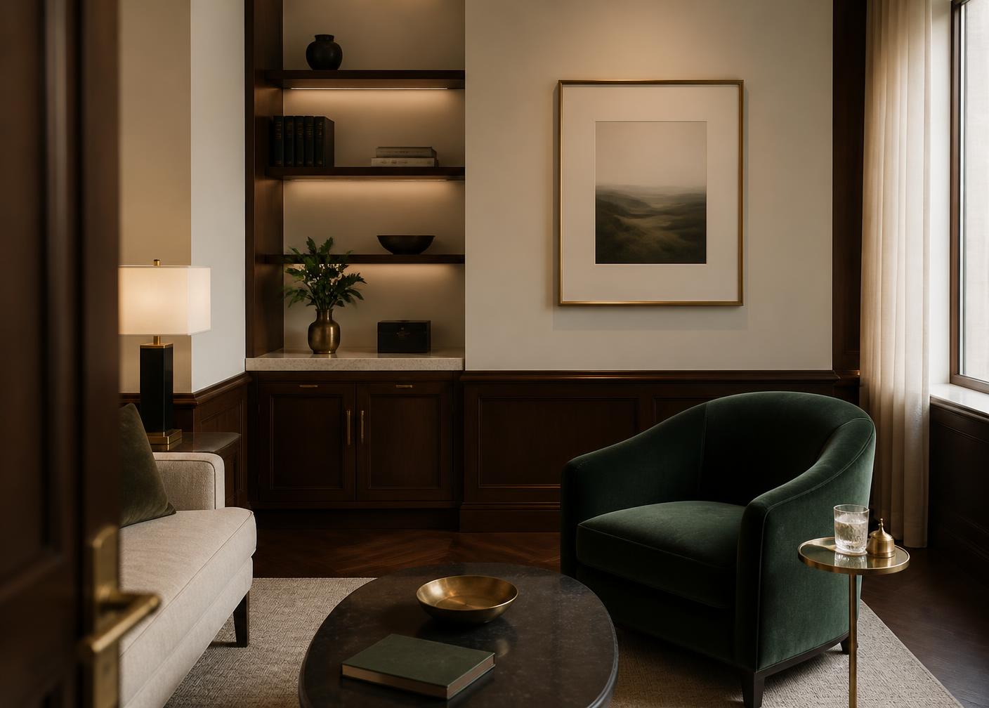 Private advisory lounge with emerald armchair and brass details