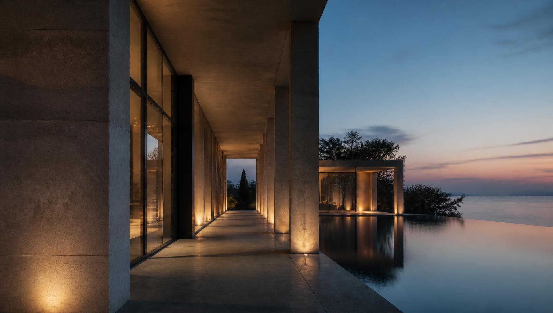 Minimal stone colonnade beside still water at twilight