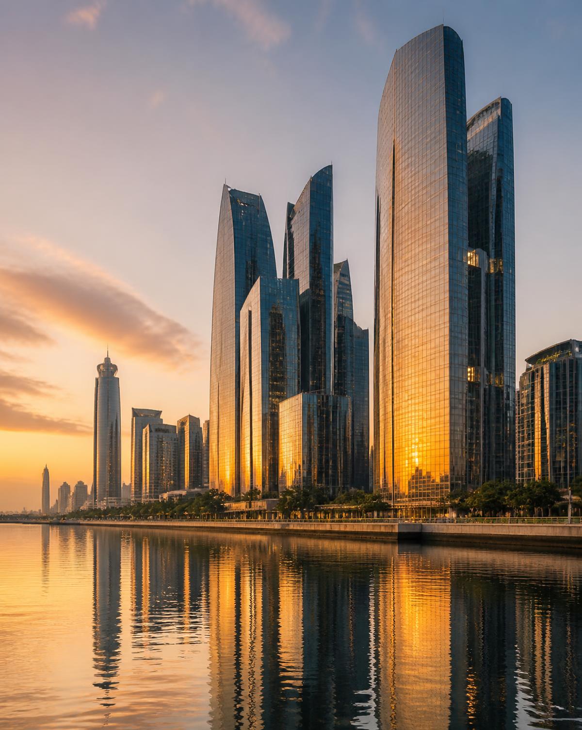 Waterfront skyline of an international city at golden hour