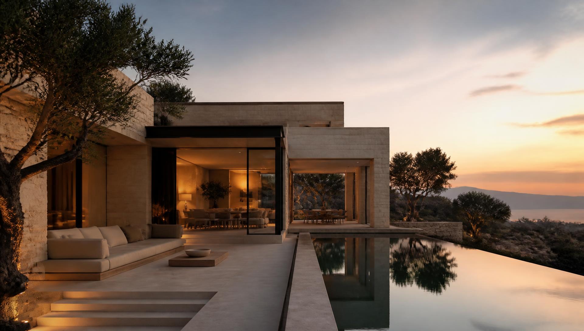 Contemporary stone residence with a reflecting pool at dusk